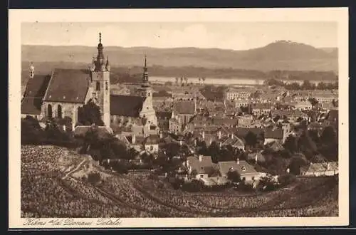 AK Krems a. d. Donau, Totalansicht mit Donau und Bergpanorama