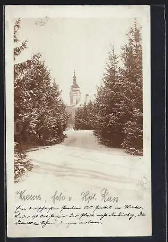 AK Krems, Blick zur Kirche im Winter