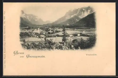 AK Grossgmain, Ortsansicht mit Kirche und Bergen