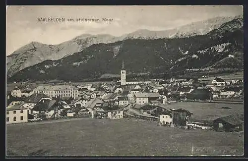 AK Saalfelden am steinernen Meer, Ortsansicht gegen die Berge