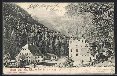 AK Ma. Kirchenthal in Salzburg, Ortsansicht mit der Wallfahrtskirche