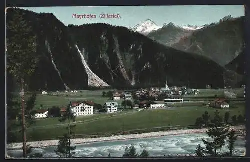 AK Mayrhofen /Zillertal, Ortsansicht gegen die Berge