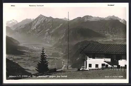 AK Mösern i. T., Pension-Cafe Menthof mit Blick auf das Inntal