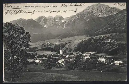 AK Mieders /Stubaital, Ortsansicht mit Schlickerspitze und Saile