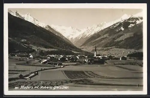 AK Mieders, Ortsansicht mit Stubaier Gletscher