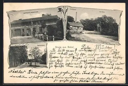 AK Bokel / Nortorf, Woltmann`s Gastwirtschaft, Dorfstrasse und die Mühle