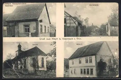 AK Hayn i. Thür., Gasthaus mit öffentl. Fernsprechstelle, Dorfstrasse, Schule