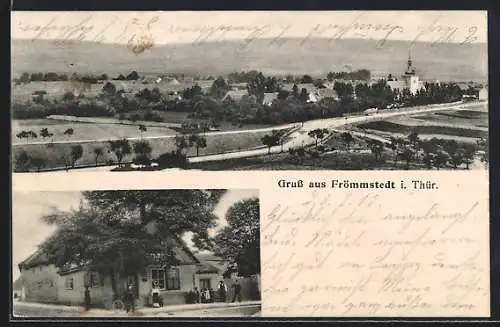 AK Frömmstedt /Th., Gasthaus, Gesamtansicht mit Fernstrasse aus der Vogelschau