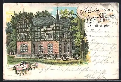 Lithographie Schöningen, Gasthaus Elm-Haus, Ansicht mit Sitzen im Freien