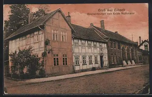 AK Esbeck / Helmstedt, Gasthaus von Erich Nuthmann, Ansicht bei Sonnenuntergang