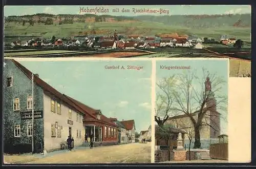 AK Hohenfelden, Totalansicht mit dem Riechheimer-Berg, Gasthaus Zillinger, Kriegerdenkmal