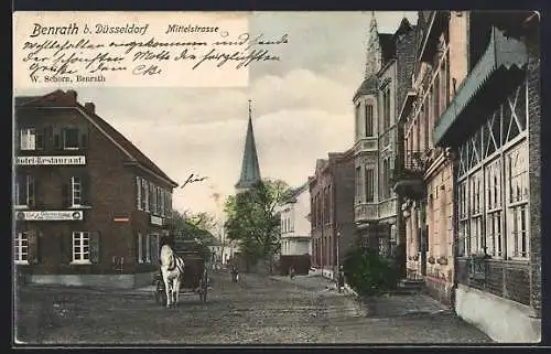 AK Benrath b. Düsseldorf, Mittelstrasse mit Hotel-Restaurant und Kirchturm