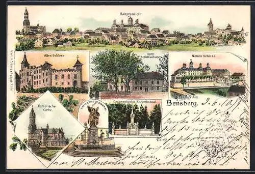 Lithographie Bensberg, Hotel Schöne Aussicht, Neues Schloss