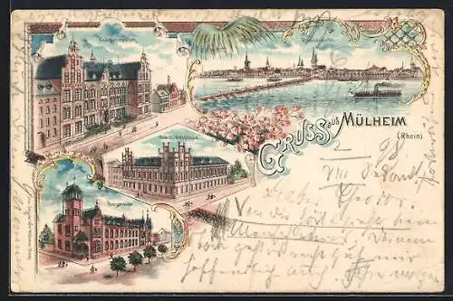 Lithographie Köln-Mülheim, Stadtpanorama mit Rhein, Städtische Webschule