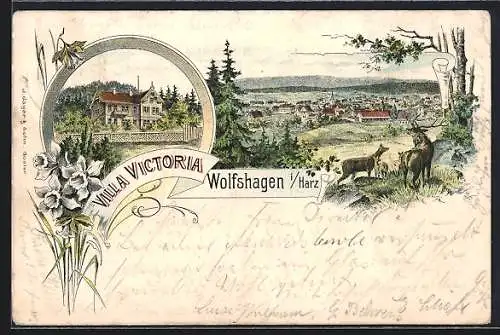 Lithographie Wolfshagen i. Harz, Hotel Villa Victoria und Ortsansicht mit Rothirsch, Tier und Kalb