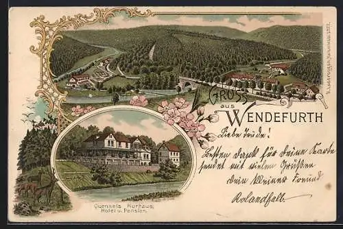 Lithographie Wendefurth, Hotel Quensels Kurhaus und Ortsansicht