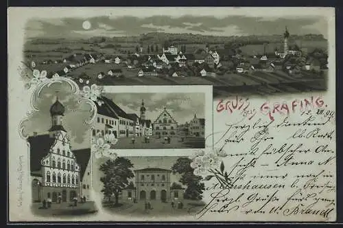 Mondschein-Lithographie Grafing, Rathaus, Marktplatz und Bahnhof bei Nacht