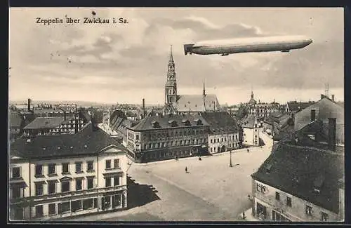 AK Zwickau i. Sa., Zeppelin über der Stadt