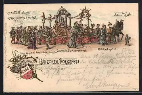 Lithographie Lübeck, Lübecker Volksfest 1848-1898, Gruppe VII d. Festzuges Gemeinnützige Gesellschaft, XVIItes Jahrh.