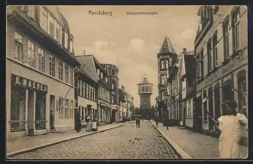 AK Rendsburg, Kronprinzenstrasse m. Blick auf den Wasserturm