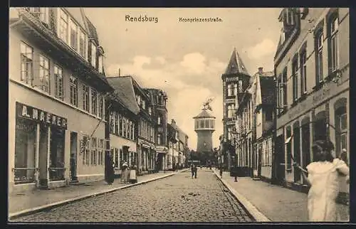 AK Rendsburg, Kronprinzenstrasse m. Blick auf den Wasserturm