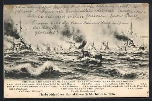 AK Kriegsschiffe der aktiven Schlachtflotte 1906 beim Herbstmanöver, u. a. SMS Zähringen & SMS Hessen