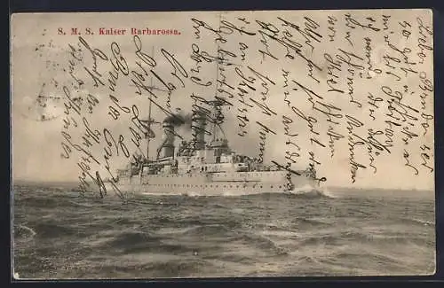 AK Kriegsschiff SMS Kaiser Barbarossa in voller Fahrt