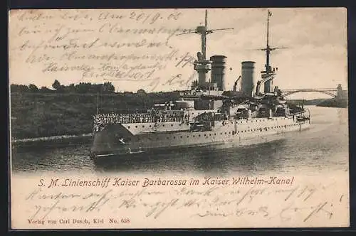 AK SM Linienschiff Kaiser Barbarossa im Kaiser Wilhelm-Kanal