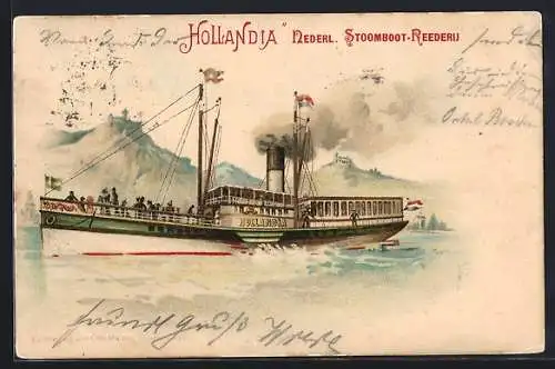 Lithographie Binnenschiff Hollandia, Nederl. Stoomboot-Reederei