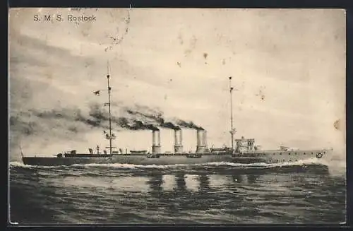 AK Kriegsschiff S.M.S. Rostock in voller Fahrt