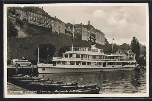 AK Meersburg, Bodensee-Dampfer Karlsruhe im Hafen, Reichsfinanzschule