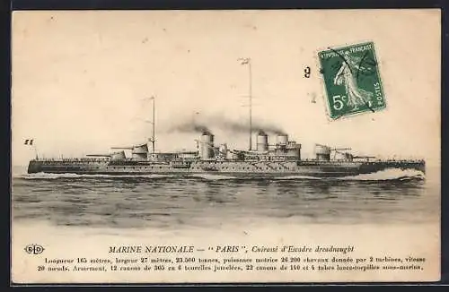 AK Marine Nationale, Cuirassé d`Escadre dreadnought Paris, Kriegsschiff