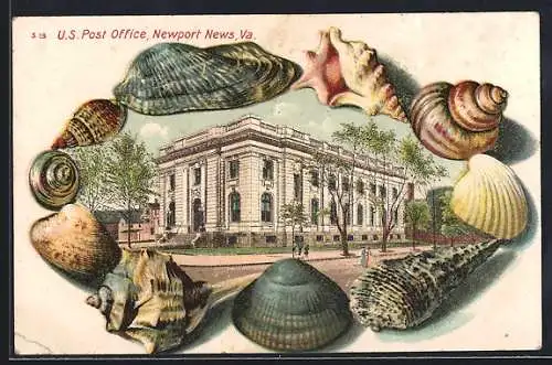 Lithographie Newport News, US Post Office, Framed by shells