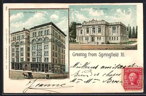 Lithographie Springfield, IL, Lincoln Library, Odd Fellows Building