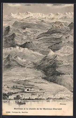AK Montreux, Vue partielle et le chemin de fer Montreaux-Oberland, Dampfer