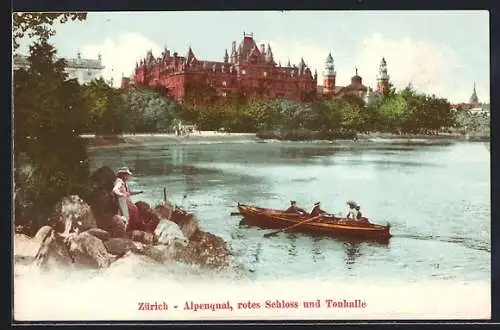 AK Zürich, Alpenquai, rotes Schloss und Tonhalle