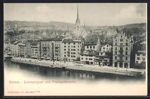 AK Zürich, Limmatquai mit Predigerkirche