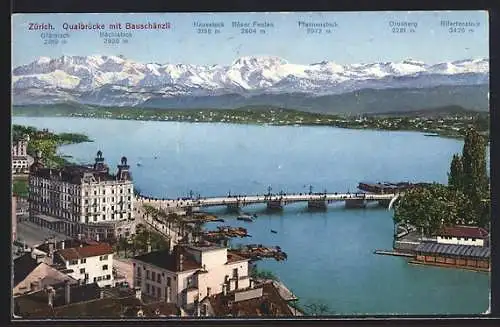 AK Zürich, Quaibrücke mit Bauschänzli und Alpen-Panorama