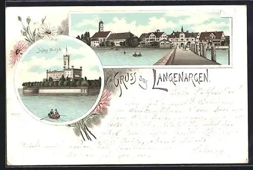 Lithographie Langenargen, Uferpartie, Schloss Montfort