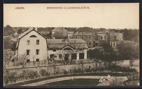 AK Lübben, Krankenhaus und Lungenheilstätte mit Strasse aus der Vogelschau