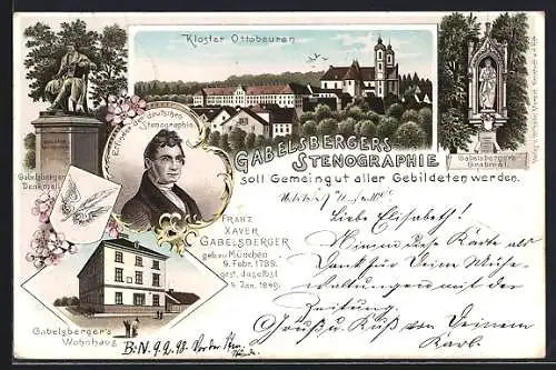 Lithographie Ottobeuren, Gabelsbergers Stenographie, Kloster Ottob., Gabelsberger`s Grabmal und Wohnhaus