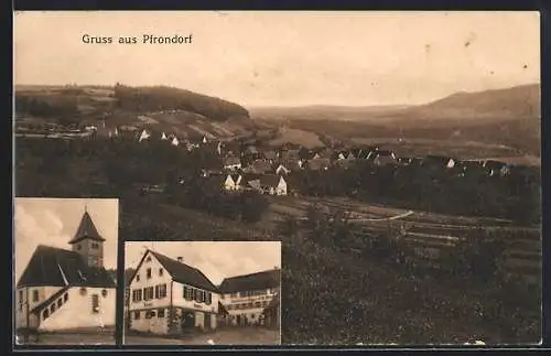 AK Pfrondorf / Nagold, Ortspartie mit Gasthaus, Kirche, Gesamtansicht mit Umgebung