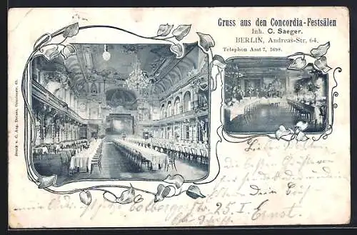 AK Berlin-Friedrichshain, Gaststätte Concordia-Festsäle C. Saeger, Andreas-Str. 64, Innenansichten, Ornament-Rahmen