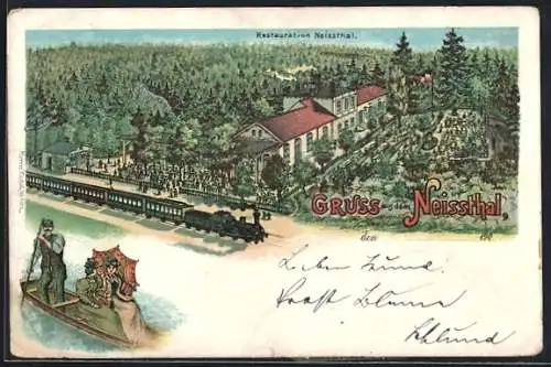 Lithographie Rosenthal /Hirschfelde, Gasthaus Restauration Neissthal, Gesamtansicht mit Eisenbahn von oben, Bootspartie