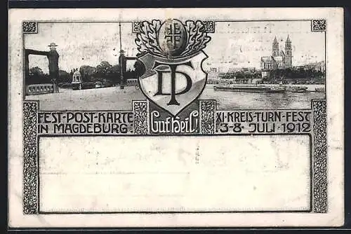 AK Magdeburg, Kreis-Turnfest 1912, Wappen, Stadtpanorama, Eichenblatt-Ornamente