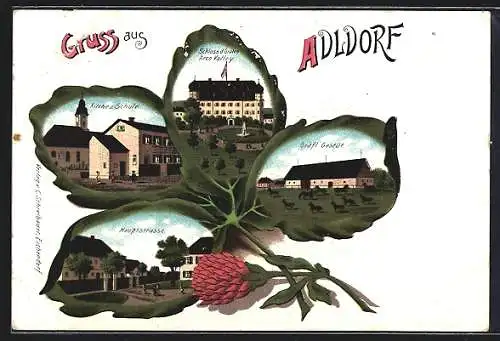 Lithographie Adldorf, Hauptstrasse, Gräfl. Gestüt, Schloss des Grafen Arco Valley