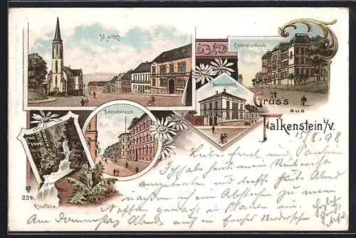 Lithographie Falkenstein i. V., Bahnhofstrasse, Rissfälle, Markt, Centralschule