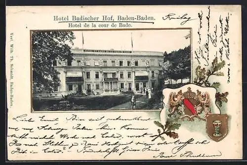 Passepartout-Lithographie Baden-Baden, Hotel Badischer Hof, Wappen und Eichenzweig