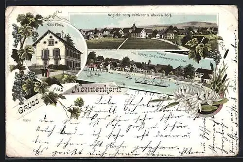 Lithographie Nonnenhorn, Villa FLerx, Dampfer vor der Seestrasse