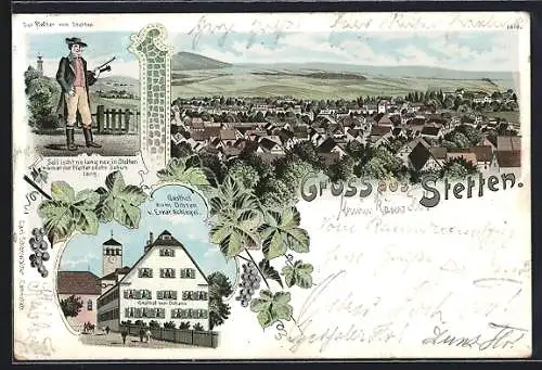 Lithographie Stetten / Remstal, Gasthof zum Ochsen, Stadt-Original Pfeffer von Stetten, Totalansicht